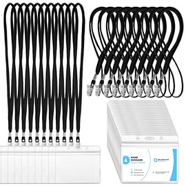 100 Sets Clear Name Tags with Lanyard, Lanyards for Id Badges Reusable Lanyard with ID Holder Plastic Name Badges with Lanyards for Adults Kids Business School Church Conferences (Black)