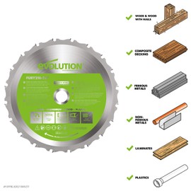 Evolution Power Tools FURY210-TCT Multi-Material Blade For Mitre Saws, Cuts Metal, Plastics, Laminates, Wood (Even with Embedded Nails), Carbide Tipped, 210 mm