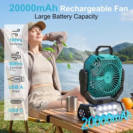Honesorn 20000mAh Fan Portable Rechargeable with LED Light & Remote, Blue | Up to 60H Runtime, 45°/90°Oscillating, Hanging Hook, 4 Speeds, 8H Timer, USB-C