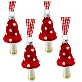 Mushroom Ornaments - Blown Glass Set of 4 Christmas Tree Decor Festive Holiday Decorations, 3 inch