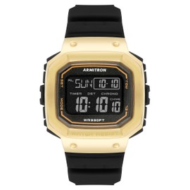 Armitron Unisex Gold-Tone Accented Digital Chronograph Black Resin Strap Watch, 40/8499GDB