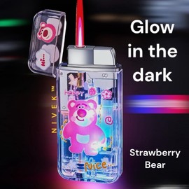 NIVEK Light Up Glow in The Dark Lighter Kitty KT Cat Melody Kulomi Japanese Character Kawaii Pink Flame Jet Torch Refillable Gift Novelty (Strawberry Bear)