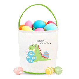 Cerlaza Easter Gift Basket Empty for Kids Canvas Tote, Easter Dinosaur Holding Eggs Hunt Basket with Handle for Toys Carrying, Cute Design Cotton Basket for Easter Party Supplies