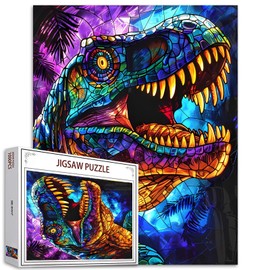 Glass Dinosaur Jigsaw Puzzle，T-Rex 1000 Pieces Jigsaw Puzzles for Adults，27 x 20 Inches Puzzles for Families，HD Quality Stained Glass Dinosaur Photo Puzzle Gift，Family Activity Perfect for Game Nights
