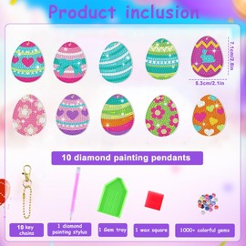 Auirshiky Children's Diamond Painting Set of 10 Easter Egg Diamond Painting Keyrings, Diamond Painting Set Easter, Diamond Painting Kits Easter Egg, Easter Children DIY Craft Gifts Gift for Children