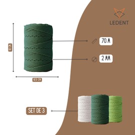 Ledent Macrame Yarn (2 mm, 3 x 70 m, Set of 3 Colours: Light Green, Dark Green & White) Double Twisted - Rope for Macrame Made from 100% Recycled Cotton Yarn - Macrame Yarn for Crafts