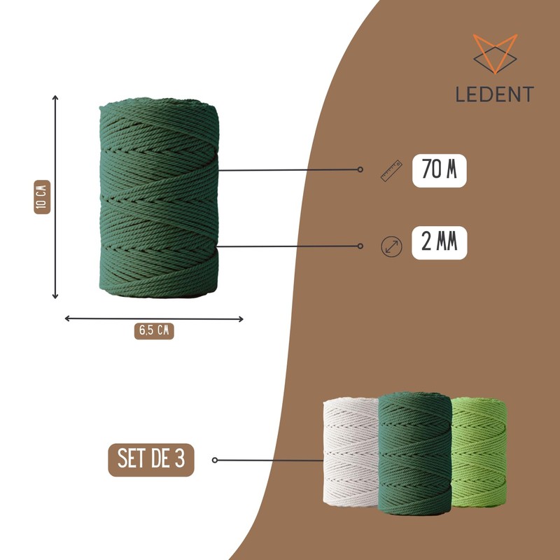 Ledent Macrame Yarn (2 mm, 3 x 70 m, Set