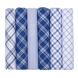 6 Pack Mens Gents Handkerchiefs Mixed Blue and White Check Plaid and Plain Dyed 100% Cotton Handkerchief Hankies GIFT BOXED