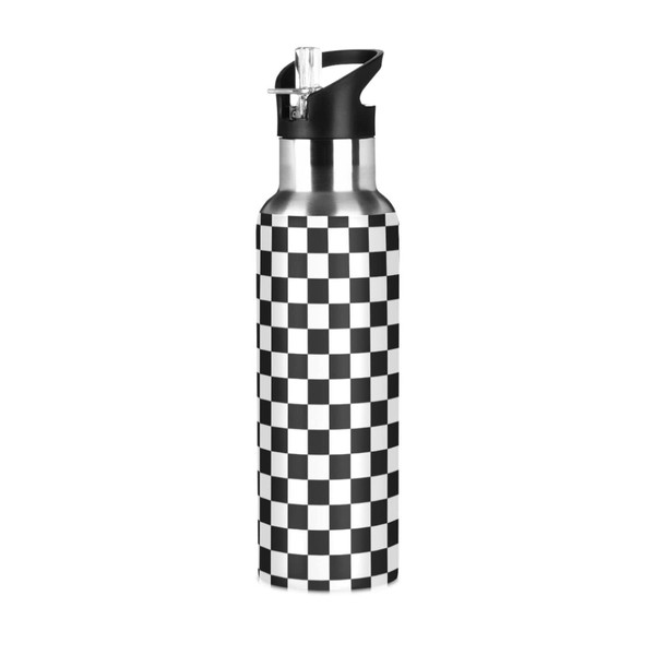 Mnsruu Black White Checkered Pattern Water Bottle for Girls Boys