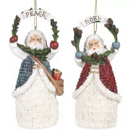 Roman Knit Look Santa w/Holly Wreath Ornament SET/2 Peace & Noel Resin 1.75x1.5x5H