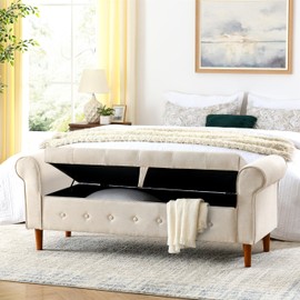 Polibi 62" Bedroom Tufted Button Storage Bench, Canvas Fabric Upholstered Ottoman with Rolled Arm Design,Window Bench for Bedroom,Living Room, Foyer(Beige)