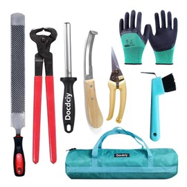 Docdciy 8-Piece Professional Farrier Tool Kit – 14-Inch Horse Hoof Trimming Set with Hoof Knife, Nippers, Rasp, Pick, Knife Sharpener, Gloves & Carry Bag