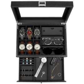GUKA Watch box, 6 Slot Watch Case, 3 Slot Sunglass Organizer, Watch Cases for men with Real Glass Lid, Watch Organizer storage with Jewelry Case, Birthday for Men and Women, Black