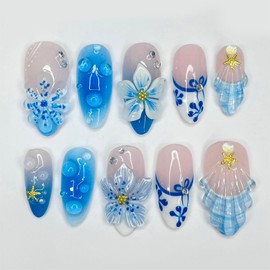 30Pcs French Tip Press on Nails Medium Almond Fake Nails Blue Flower False Nails with 3D Gold Silver Gems Water Ripple Design Handmade Glue on Nails Full Cover Artificial Stick on Nail for Women DIY