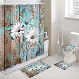 JAWO 4 Piece Teal Daisy Flower on Rustic Wooden Plank Country Style Shower Curtain Sets with Non-Slip Rugs, Toilet Lid Cover and Bath Mat, Shower Curtain with 12 Hooks