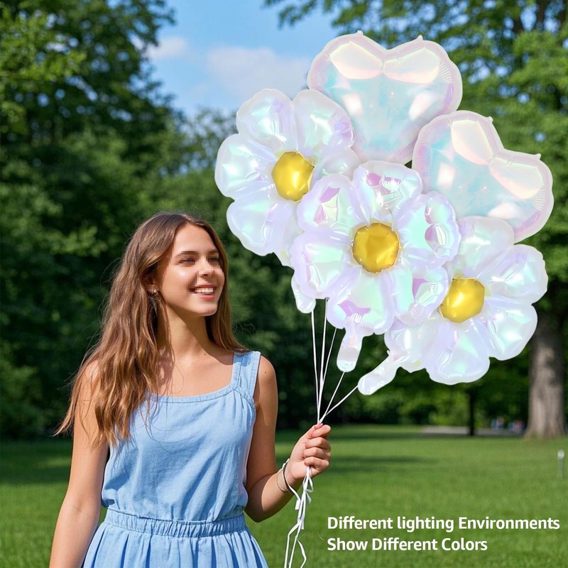 Iridescent Foil Flower Balloons, Holographic Heart Balloons with Iridescent Go