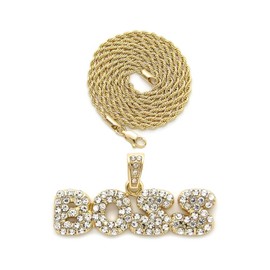 NYFASHION101 Stone Stud Bubble Letter BOSS Pendant with 3mm 18" Rope Chain Necklace, Gold-Tone