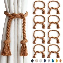 Yteseery 8 Pack Outdoor Curtain Tiebacks Rope, Natural Cotton Curtain Holders, Village Rural Rustic Curtain Holdbacks, Farmhouse Nautical Curtain Rope Tie Back for Drapery Patio, (Coffee)