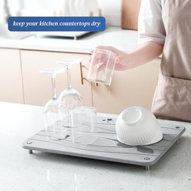 Plentio Stone Drying Mat for Kitchen Counter, Diatomaceous Dish Drying Mats Superb Absorbent with Non-Slip Stainless Steel Feet for Dishes, Bottles and more, 15.7"(L)×11.8"(W), Light Grey Square