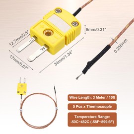 MECCANIXITY 5pcs K Type Thermocouple Mini Connector Temperature Probe Sensor, 10ft Measure Range -50C-482C(-58F-899.6F) for Thermometer, 0.255mm OD