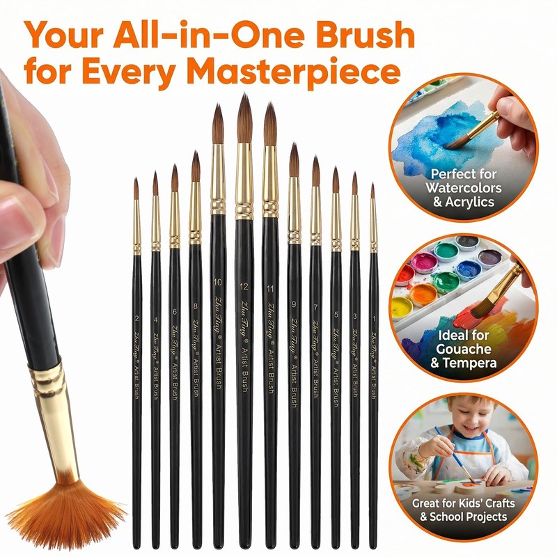 SULIKJHUI 12 Pcs Round Watercolor Brushes, Artist Watercolor Paint Brushes