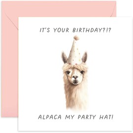Old English Co. Alpaca Funny Birthday Card for Him or Her - 'Alpaca My Birthday Hat' - Witty Animal Pun Card for Friends - Cute Design for Kids and Adults - Birthday Card | Blank Inside with Envelope