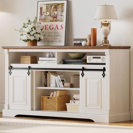 IRONCK Farmhouse TV Stand for 65+ Inch TV, 59" Entertainment Center with Storage Cabinets and Sliding Barn Door, Media Console for Living Room, White