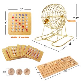 GSE Games & Sports Expert Deluxe Bingo Game Set with Large Brass Cage, 10 Shutter Slide Bingo Cards, Wood Master Board & 7/8" Calling Balls for Large Groups, Parties, Game Night