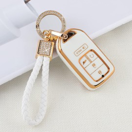 PIFOOG Key Fob Cover for 5 Buttons Car Keys Case TPU Accessories for Accord Civic CRV Pilot Passort Insight Smart Key Protector Bling Keychain Girly Women White Gold