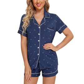 Anjue Preppy Pajamas Button Down Pajamas for Women Bride Pajamas Sleepwear Button Down Pjs Lounge Set(B-Cyan Heart,L)