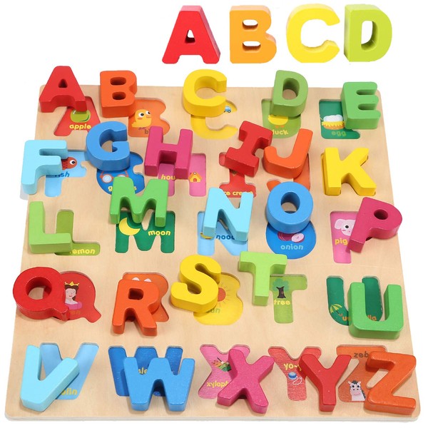 Jacootoys Wooden Alphabet Puzzle ABC Chunky Puzzle Board Early Learning Educational Toys Gift for Kids