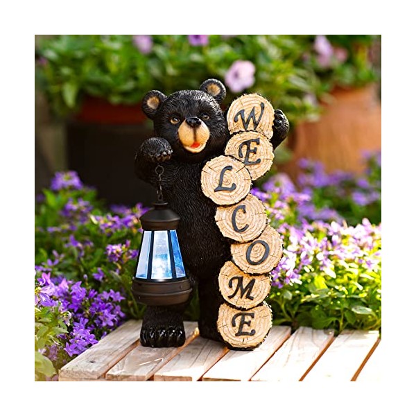 Qeeman Large Black Bear Home Decor,Welcome Bear Statue with Solar