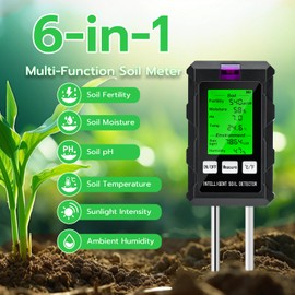 Wigearss 6 in 1 Soil Meter, Digital PH Soil Tester, Moisture, Soil Fertility Temperature, Sunlight and Ambient Humidity