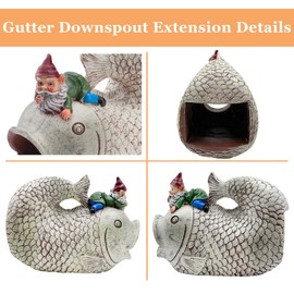 Noegrus Gnome Fish Sculpture - Eco-Friendly Resin Gutter Diverter Rain, Outdoor Decor Sculpture, Garden Animal Statue, Gutter Downspout Splash Block, Decorative Extension, Ideal for 3"x4" Downspouts