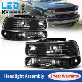 Beuloke For 99-02 Silverado 00-06 Suburban Tahoe Black Headlights + Bumper Lamps
