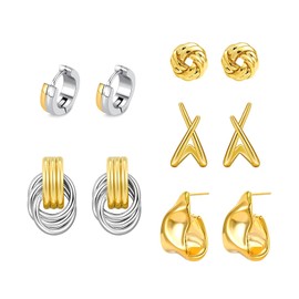 JYUEDA 5pcs Drop Earrings for Women 18K Gold Plated Knot Earrings Set, Medium, Brass, No Gemstone