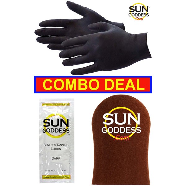 Sun Goddess - Best Combo Deal - Includes: 1 PAIR Sunless Self Tanning Application Gloves + 1 Sunless Self Tanner Lotion Sample + 1 Sunless Self Tan Applicator Mitt. Self Tanning Gloves Lotion Mitt