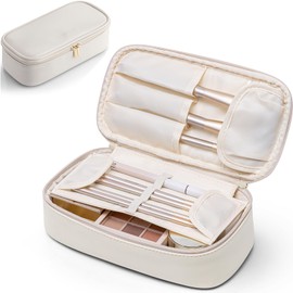 Vlando Makeup Bag with Brush Compartment, Large Size PU Leather Travel Cosmetic Bag, Portable Water-Resistant Makeup Organiser Case for Women, White