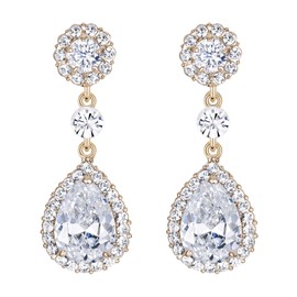 Flyonce Women's Austrian Crystal CZ Bridal Elegant Teardrop Pierced Dangle Earrings Clear Gold-Tone