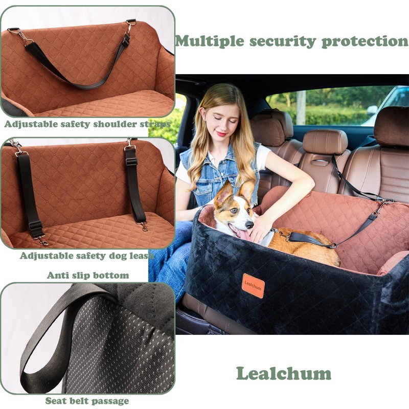 Lealchum Dog Car Seat for Medium/Large Dogs,2 Clip-On Safety Leashs