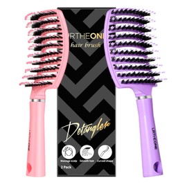 Hair Brush,URTHEONE Detangling Hairbrush Boar Bristle Curved Vented Hair Brush for Women Men Kids Curly Thick Long Short Wet or Dry Hair, Faster Blow Drying (2PK, Pink&Purple)