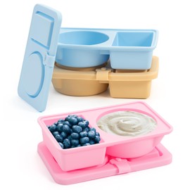 3 Pack Reusable Snack Containers 2 Compartment,Snack Pack Container with Lids,Salad Dressing Sauce Container,Snack Box Container for Picnic Outdoor School Office (Pink+Blue+Khaki)