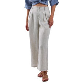 Amazhiyu Women's 100% Linen Summer High-Waisted Wide Leg Pants with Pockets Flax, Medium