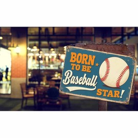 AOYEGO Baseball Shop Tin Sign,Born to be Baseball Star Vintage Metal Tin Signs for Cafes Bars Pubs Shop Wall Decorative Funny Retro Signs for Men Women 8x12 Inch