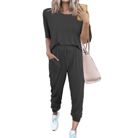 PRETTYGARDEN Women's Two Piece Lounge Sets 2025 Spring Summer Jogger Pants Vacation Outfits Travel Airplane Matching Clothes (Dark Grey,Small)