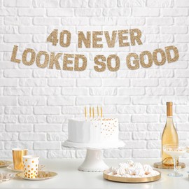 Pre-strung 40 Never Looked So Good Banner - No DIY - Gold Glitter 40th Birthday Party Banner Sign - Pre-strung on 10 ft Strands - Gold Birthday Party Decorations & Decor - Did We Mention No DIY