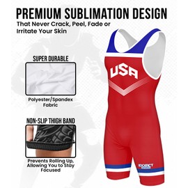 Exxact Sports Sublimated Men's Wrestling Singlet, High-Performance Powerlifting Singlet, Wrestling Singlets for Men (AXL, Red USA)
