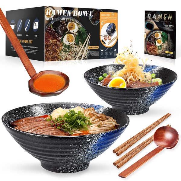 Ramen Bowls Set of Ceramic, 2 Sets of 34 Ounces Large Japanese Serving Bowls with Chopsticks and Spoons for Pho Soup Pasta Salad, Essential Dinnerware for New Apartments Suitable as Housewarming Gifts