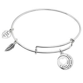 Qina C 925 Sterling Silver I Love You to The Moon & Back Heart Wing Charm Adjustable Bangle