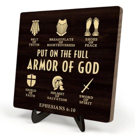 Bible Verse Sign, Put on the Full Armor of God Religious Wood Plaque,Christian Sign, Table Art Signs, Wooden Sign Desk Decor, Positive Home Decor Gift for Men,5.9x5.9inch(EPHESIANS 6:10)